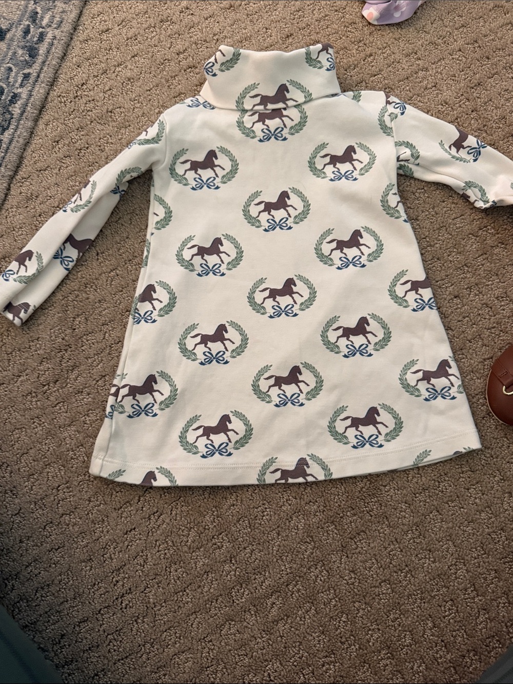 Girls' Cream Turtleneck Dress Top with Horse Print